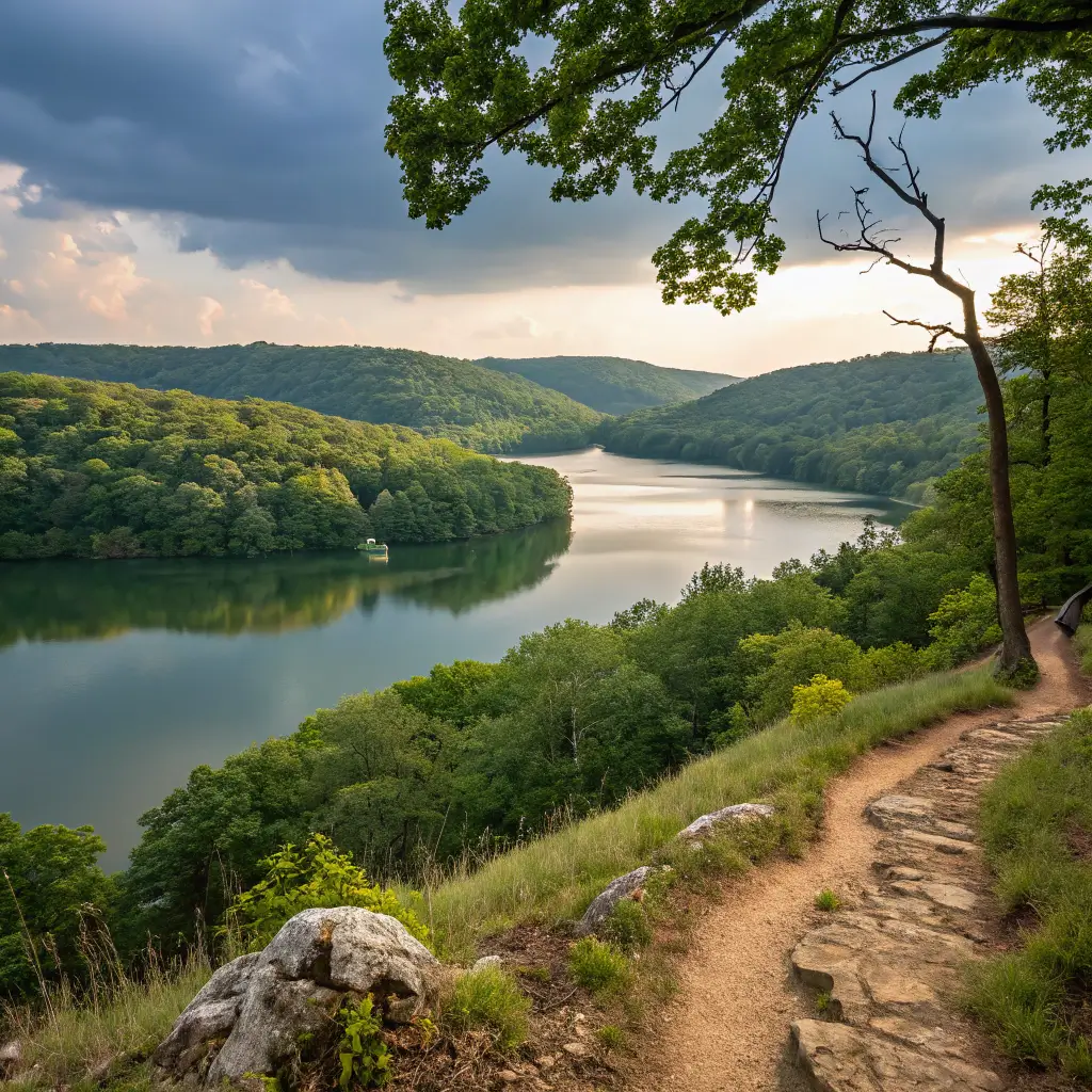 A serene view of Radnor Lake State Park in Nashville, Tennessee, with lush greenery and hiking trails surrounding the tranquil lake.