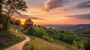 A serene sunset view over a hiking trail in Nashville, Tennessee, with warm colors illuminating the landscape.
