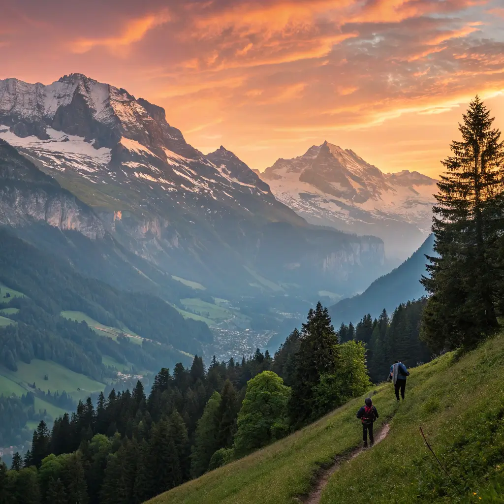A serene sunset over a Swiss mountain landscape with hikers silhouetted, encouraging outdoor exploration in Switzerland.