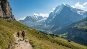 Hikers on the Eiger Trail with dramatic mountain views, showcasing one of the top hiking trails in Switzerland.