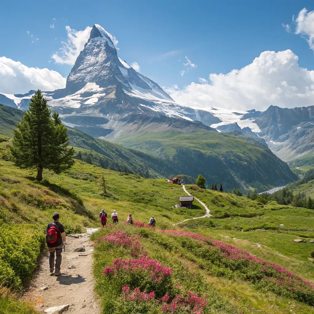 The iconic Matterhorn mountain with hikers in the foreground, representing one of the best hiking regions in Switzerland.