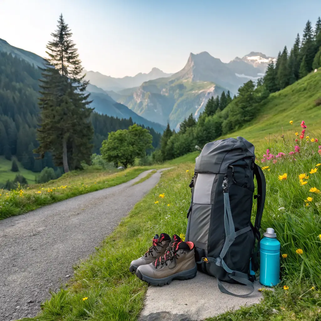 A well-organized hiking gear setup on a scenic trail, emphasizing essential hiking tips for Switzerland.