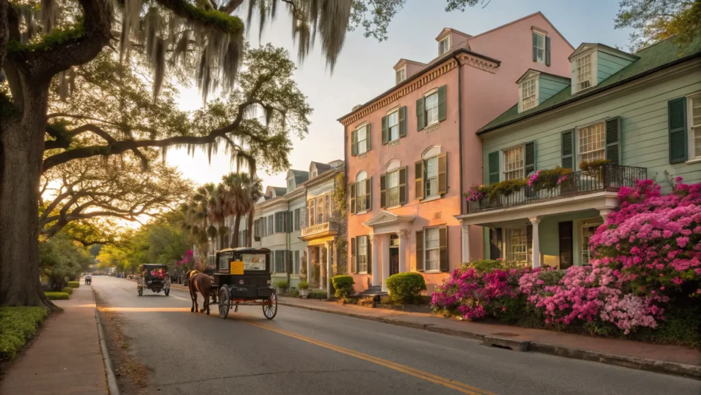 Charleston's Rainbow Row with blooming azaleas and magnolias during perfect May weather