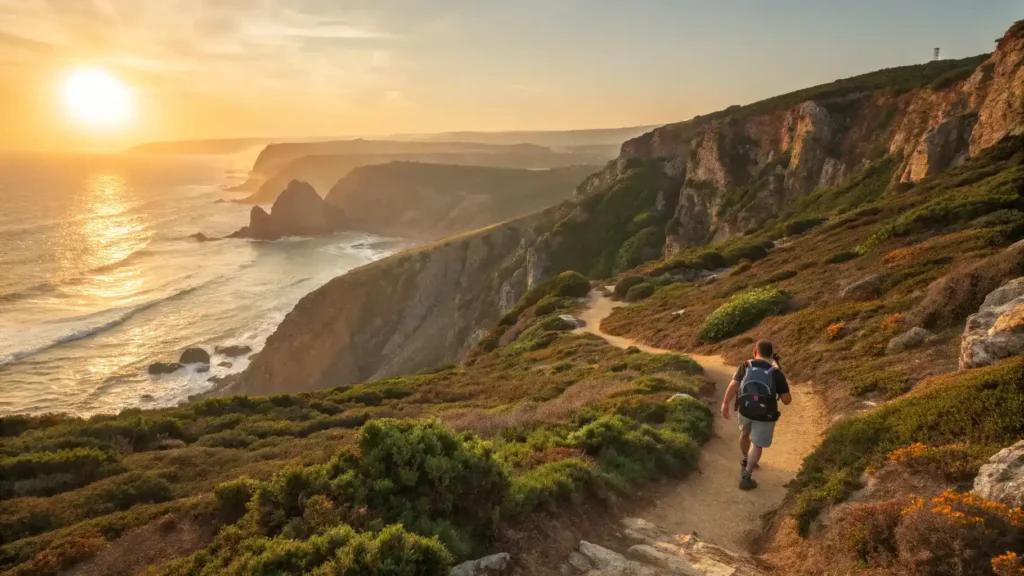 The Rota Vicentina trail with rugged coastal scenery and a hiker walking along the path during sunset.
