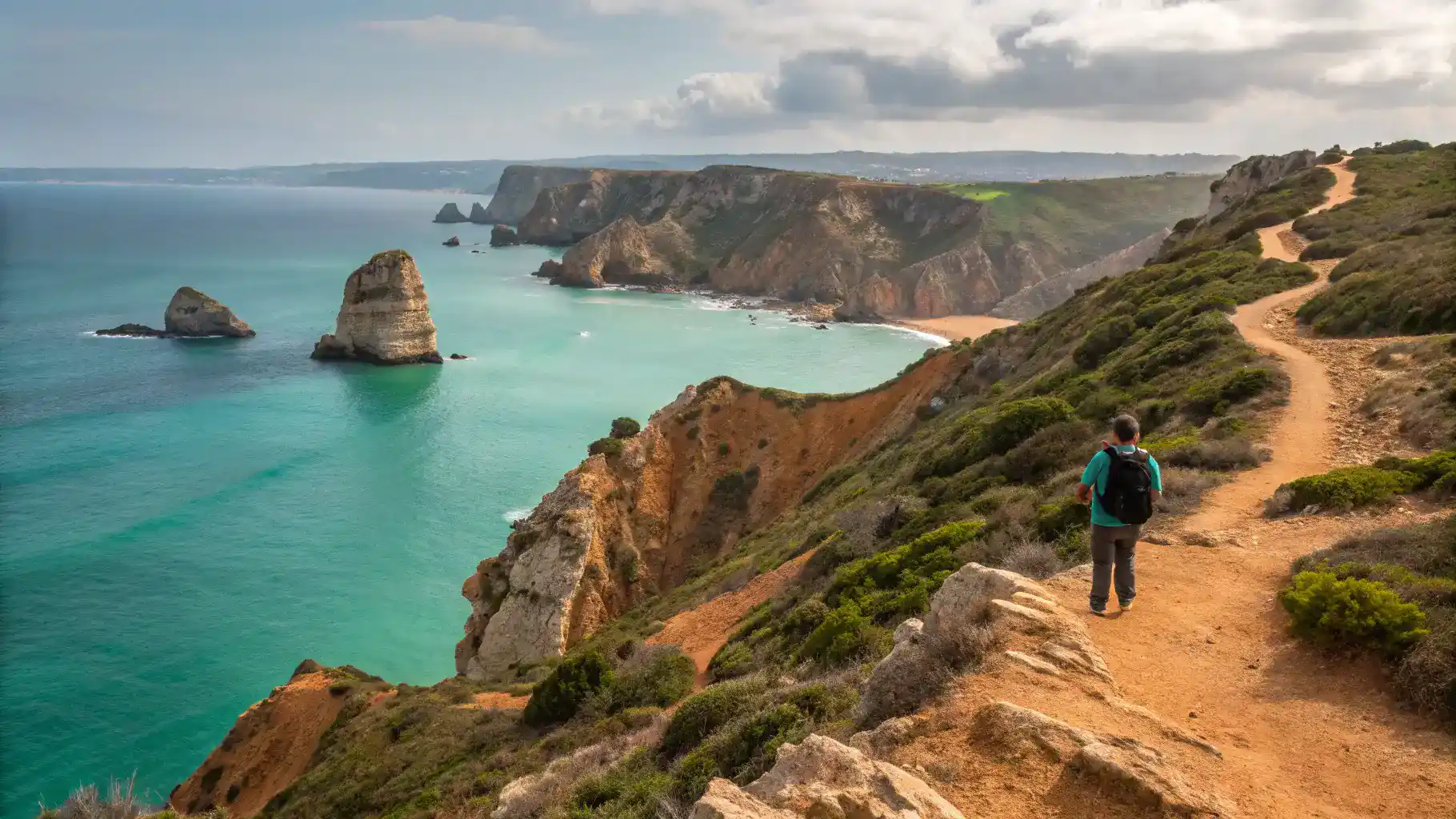 The Algarve coastline with cliffs and turquoise waters, showcasing a hiking trail and a hiker enjoying the view.
