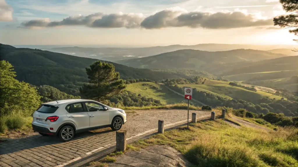 A rental car parked near a hiking trailhead in Portugal with a scenic landscape in the background.