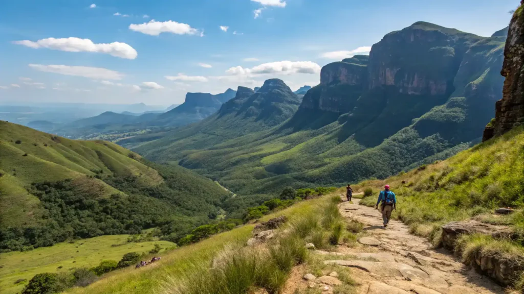 A panoramic view of South American landscapes with hikers on trails, featuring mountains, valleys, and diverse terrains.