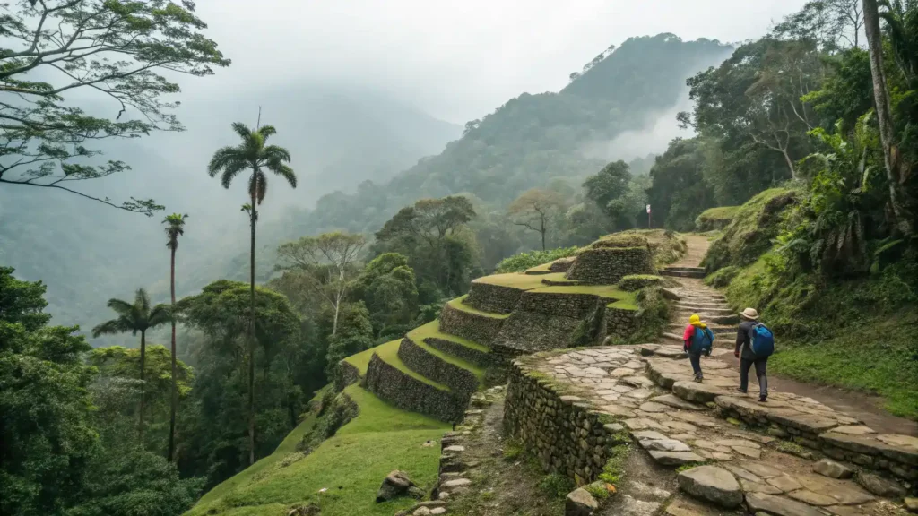 The Lost City Trek in Colombia with dense jungle and hikers on ancient stone paths.