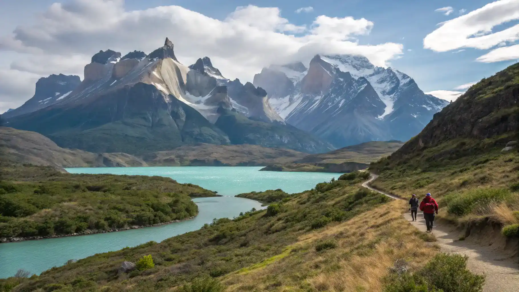Torres del Paine National Park with granite peaks, turquoise lakes, and hikers on trails.