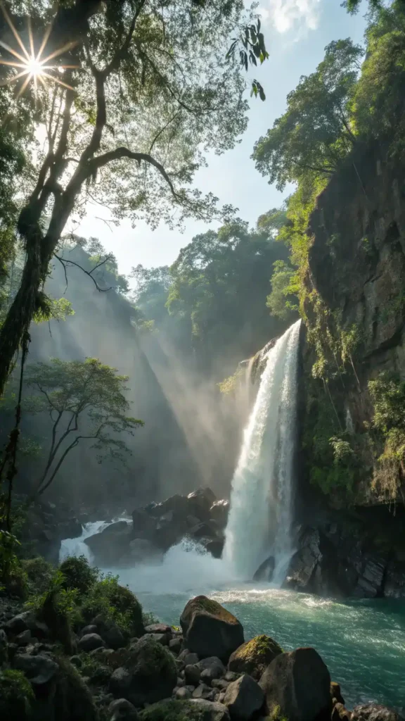 A stunning view of La Leona Waterfall in Costa Rica, surrounded by vibrant green foliage and rocky cliffs.