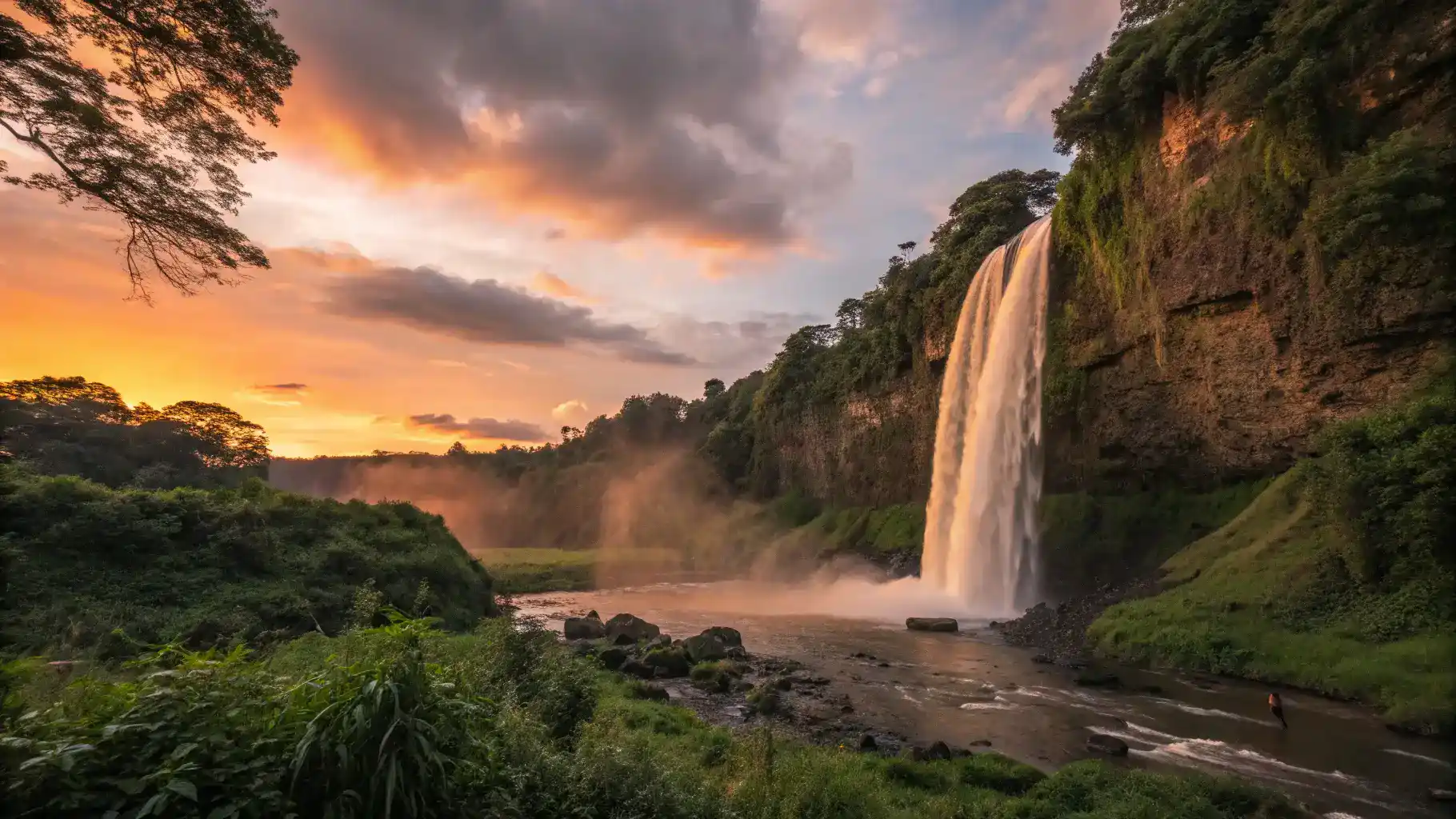 A breathtaking sunset view of La Leona Waterfall, with golden light illuminating the cascading water.