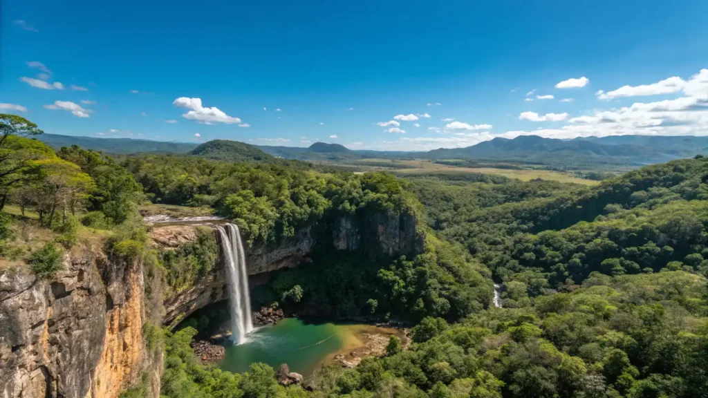 A panoramic view of the landscape surrounding La Leona Waterfall, showcasing nearby attractions and natural beauty.