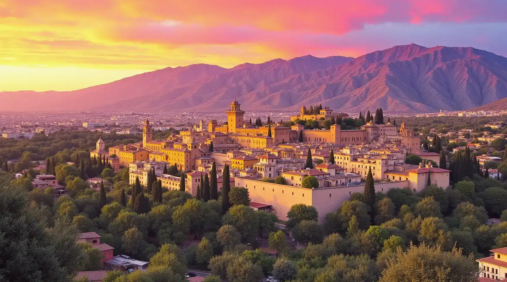 A breathtaking view of the Alhambra in Granada during sunset, with the Sierra Nevada mountains in the background, representing the beauty of Spain.