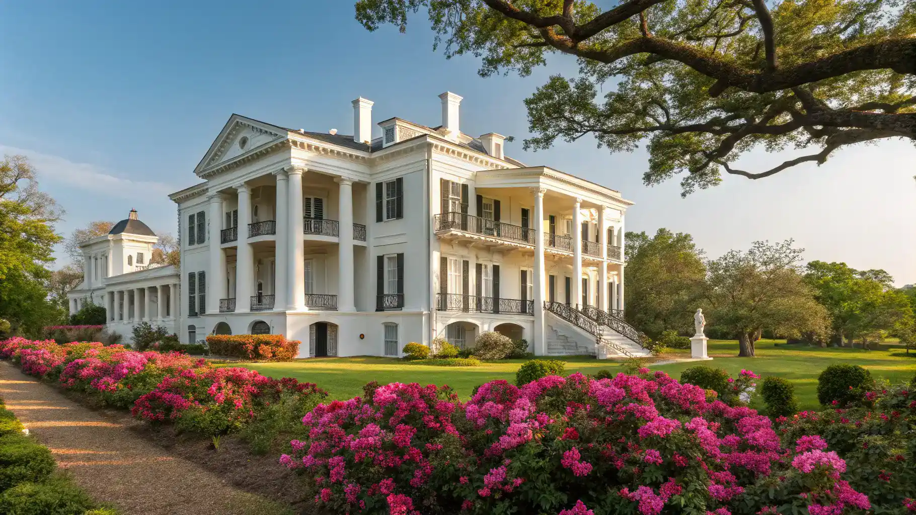 A grand view of Nottoway Plantation, featuring its elegant antebellum architecture amidst beautiful gardens and a clear sky.