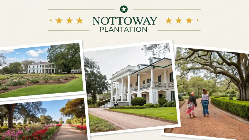 A collection of positive guest reviews with images of visitors enjoying their stay at Nottoway Plantation.