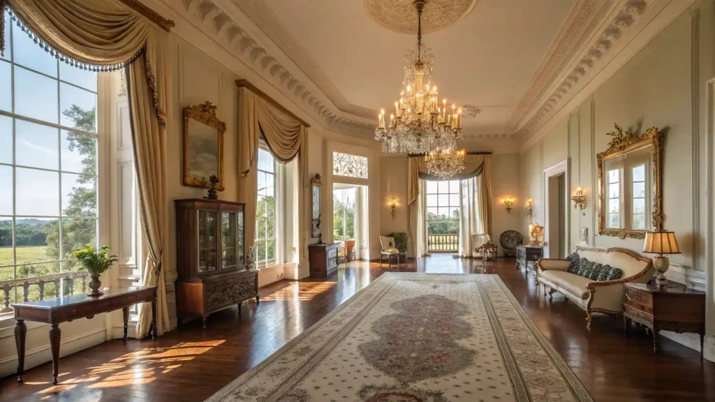 An elegant interior view of Nottoway Plantation, featuring luxurious furnishings and a warm atmosphere.
