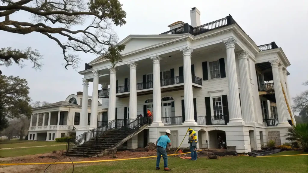 Restoration efforts at Nottoway Plantation following a recent fire, with workers repairing the mansion.