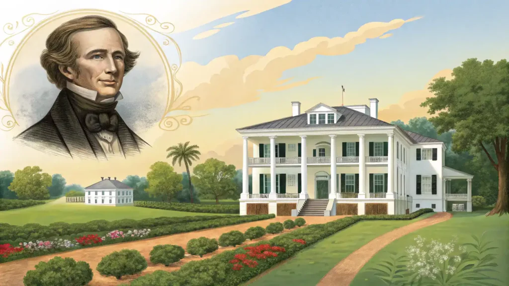 A collage depicting the history of Nottoway Plantation, including John Hampden Randolph and architectural features.