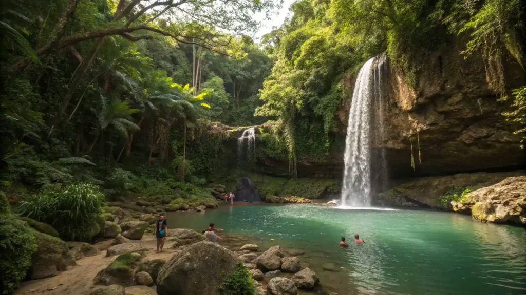 A lesser-known waterfall in Puerto Rico with people enjoying the natural swimming hole.
