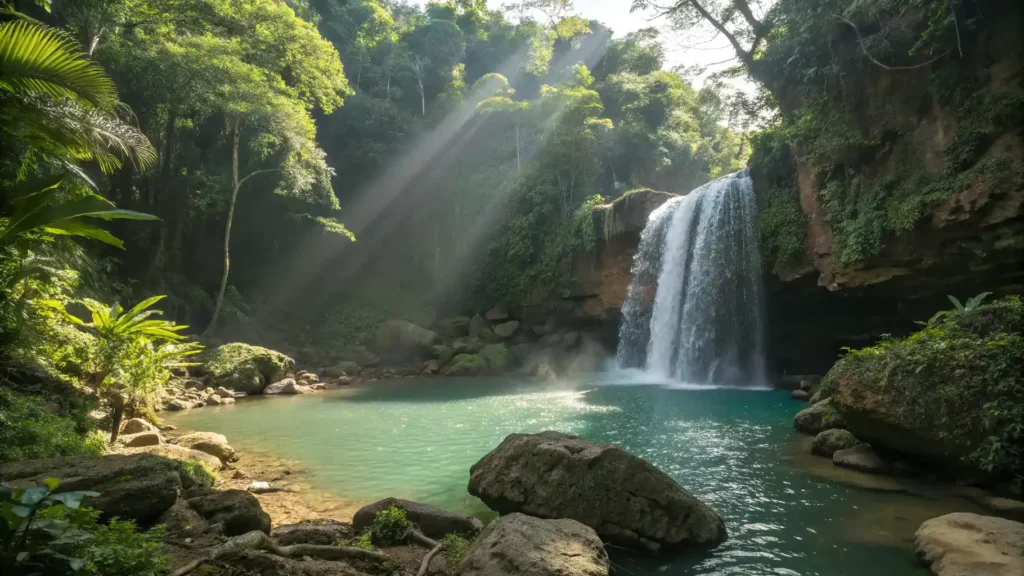 A hidden waterfall in Puerto Rico with a natural swimming hole surrounded by tropical plants.