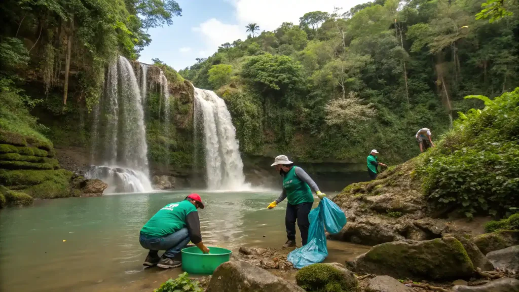 Eco-conscious tourists cleaning up a waterfall area in Puerto Rico.