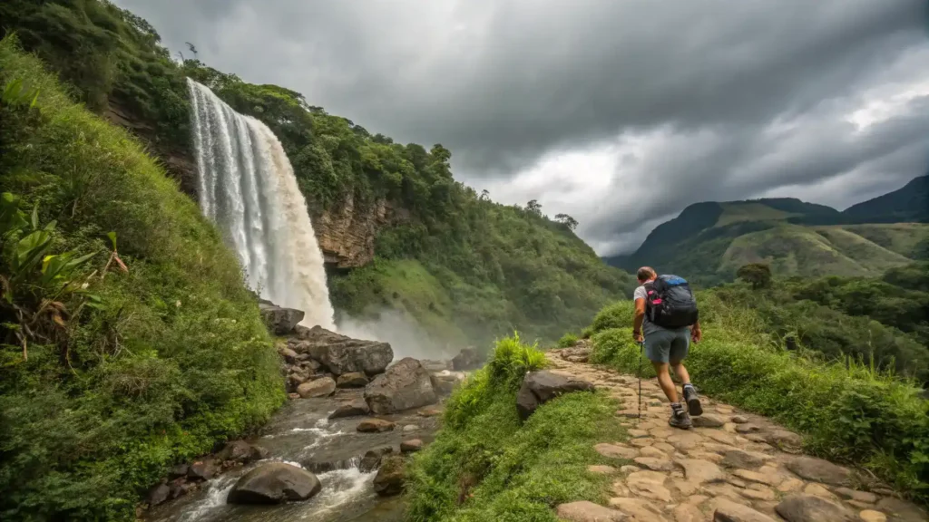 A hiker navigating a rocky path near a waterfall in Puerto Rico, emphasizing safety.