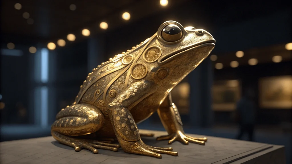 Intricate pre-Columbian gold frog figurine with fine details displayed in Gold Museum