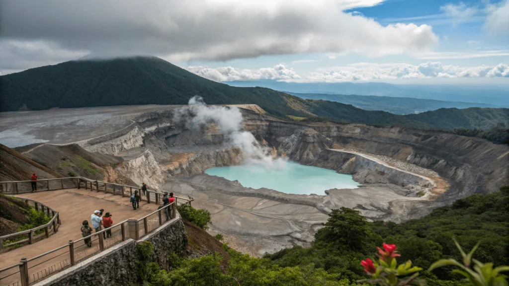Milky blue crater lake at Poás Volcano with visitors on viewing platform and clouds forming