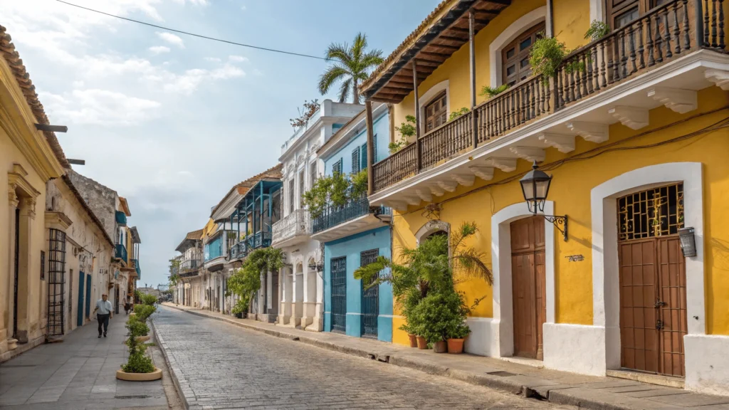 Colorful restored colonial mansions with ornate balconies in Barrio Amón, San Jose