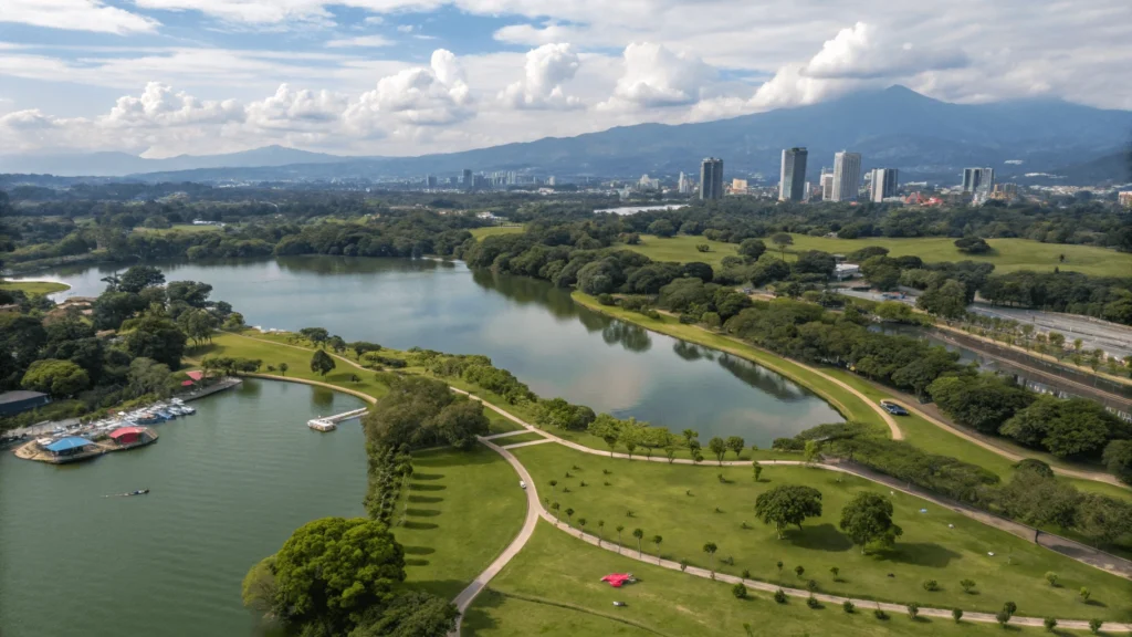 Aerial view of La Sabana Metropolitan Park with lake, paths, and people enjoying outdoor activities