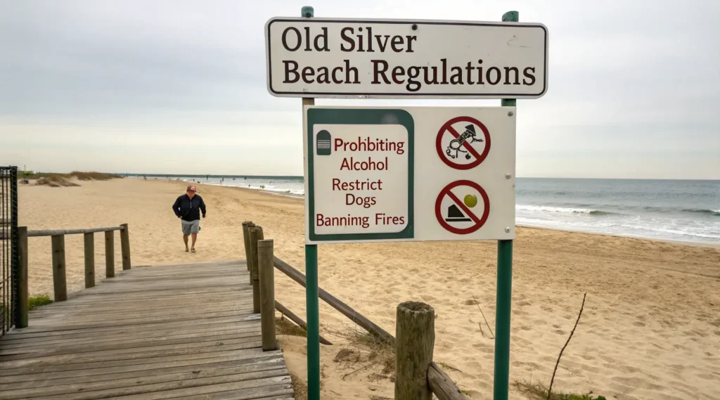 Rules and regulations sign at Old Silver Beach Cape Cod entrance