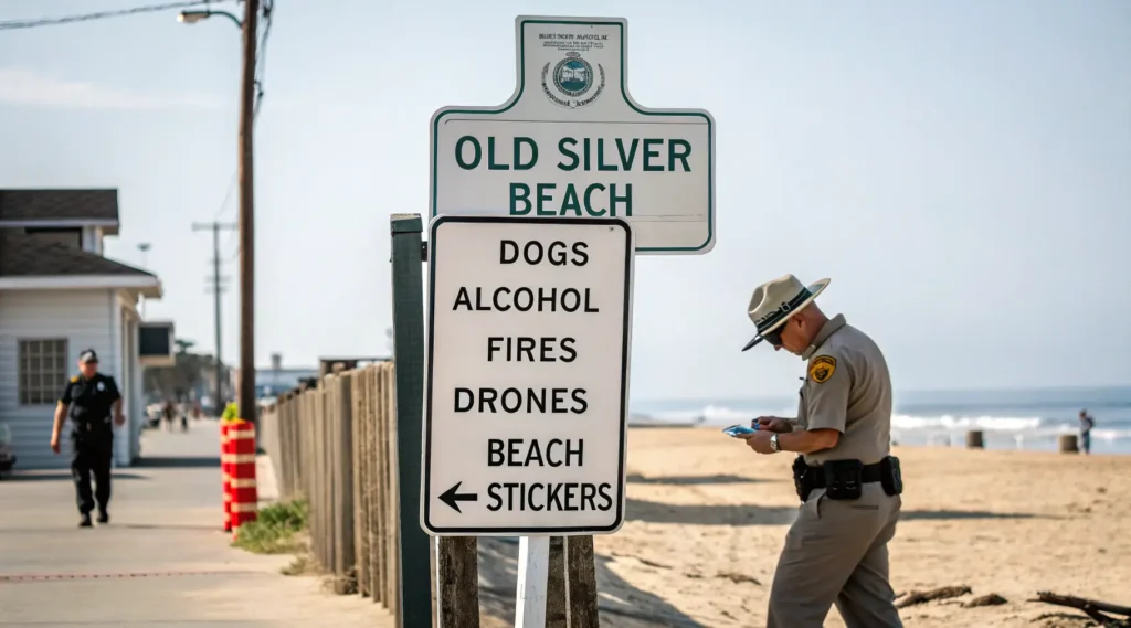 Official beach rules sign at Old Silver Beach entrance showing regulations with beach attendant checking parking permits
