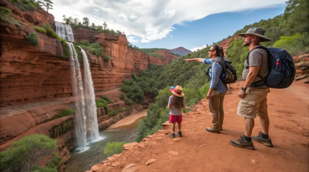 Family safely viewing Red Dirt Waterfall from an appropriate distance, wearing proper footwear and sun protection while carrying water.