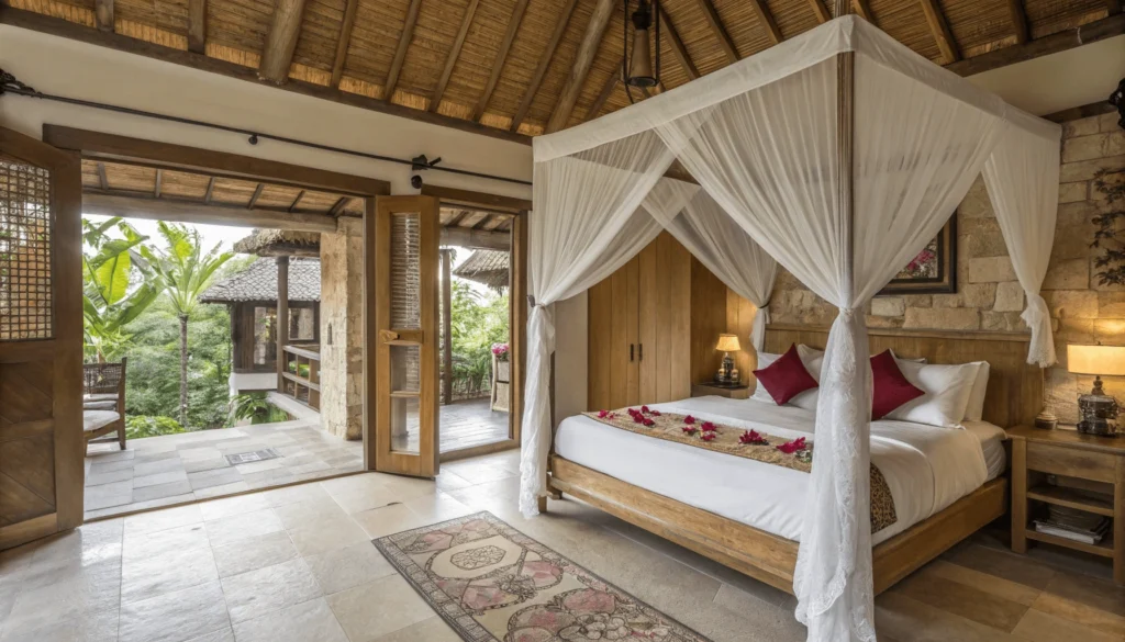 Interior of a charming affordable Balinese bungalow featuring four-poster bed with mosquito netting, flower petal heart arrangement, and open-air bathroom with stone shower.