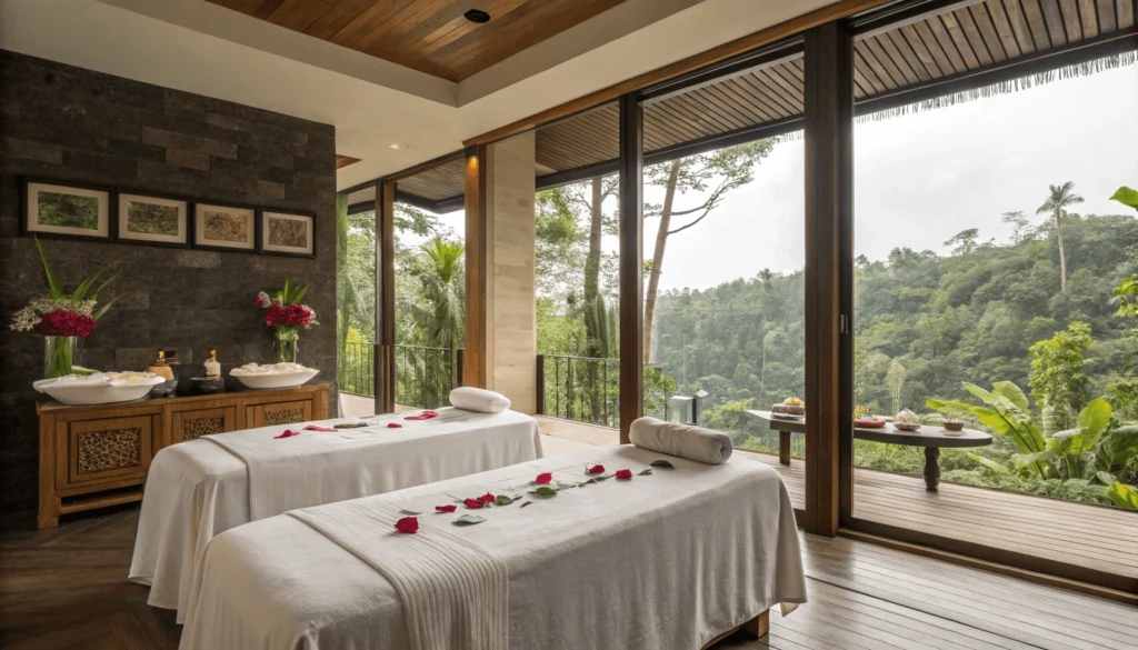 Luxury couples spa treatment room with twin massage tables, flower arrangements, floor-to-ceiling windows overlooking jungle ravine, and traditional Balinese spa elements.