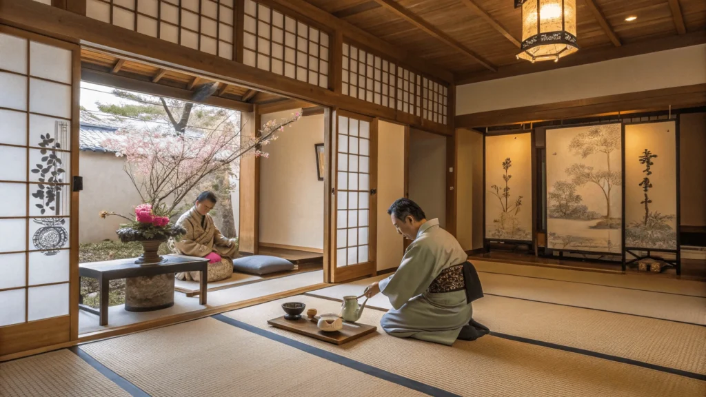 Traditional Japanese tea ceremony with tea master in formal kimono preparing matcha in a tea house with tatami flooring, tokonoma alcove, and guests in seiza position