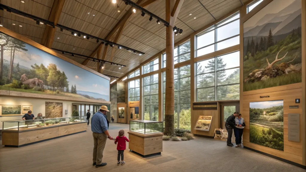 Interior of Bay Beach Wildlife Sanctuary's Nature Center showing interactive displays and families engaging with educational exhibits.