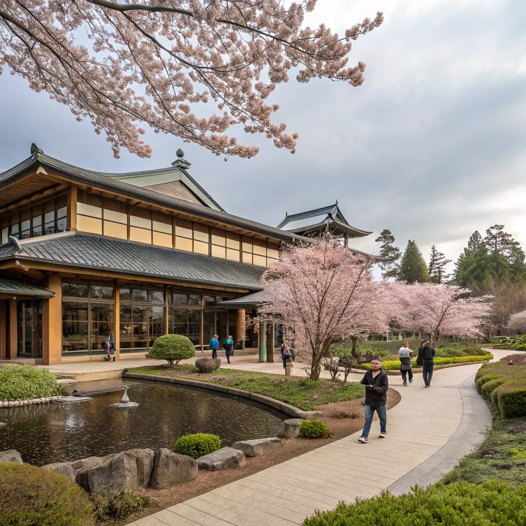 Exterior view of the Japanese American Museum of Oregon with cherry blossom trees and visitors.