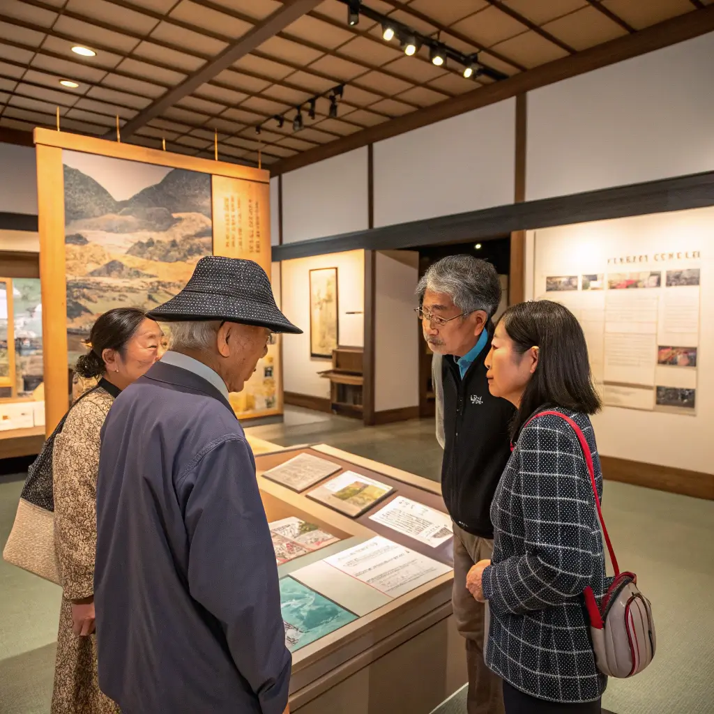 Visitors discussing cultural preservation at the Japanese American Museum of Oregon.