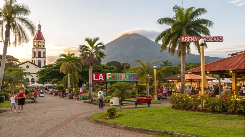 La Fortuna central park with colorful town sign, church, and Arenal Volcano in background