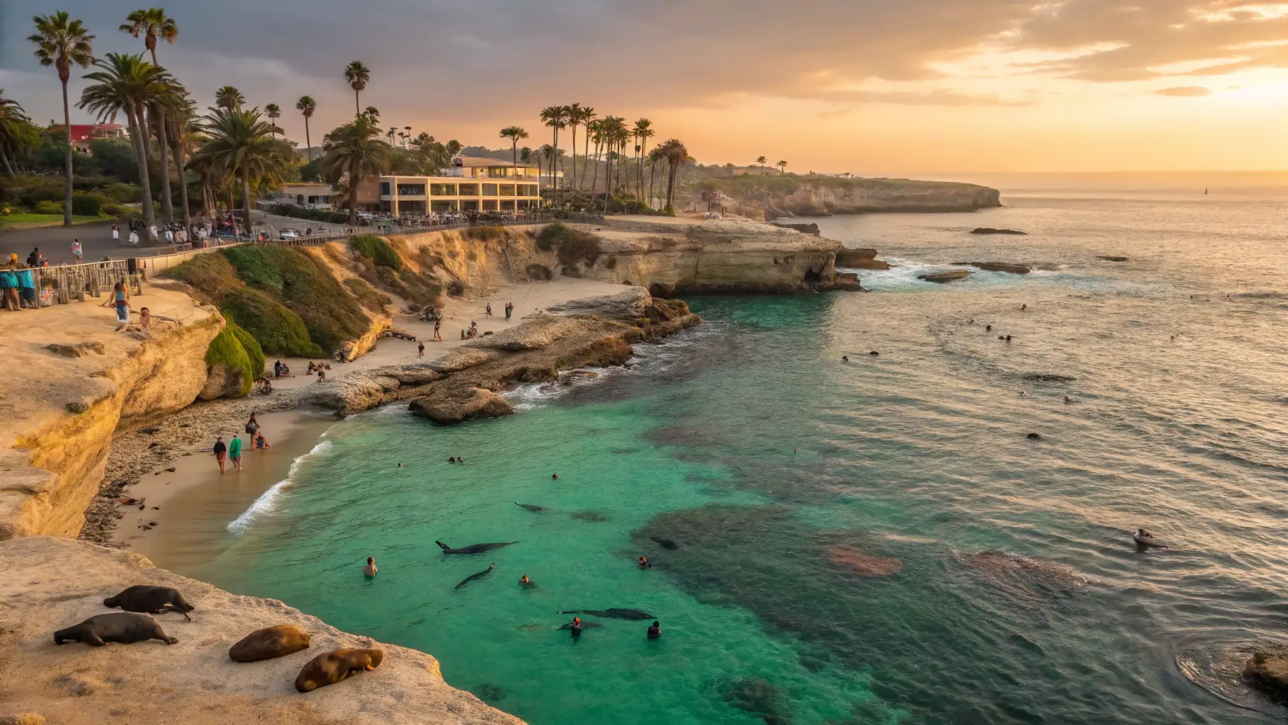 La Jolla Cove in San Diego during May showing clear waters, sea lions, and perfect beach weather