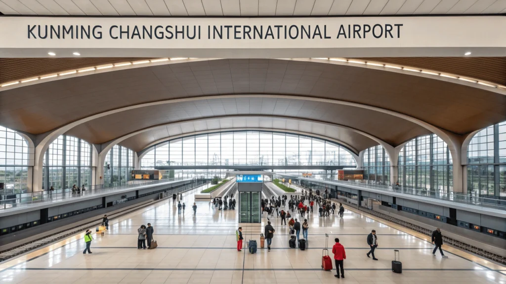 Interior of modern Kunming Changshui International Airport with distinctive curved roof architecture, bilingual signage, and travelers moving through the spacious terminal.