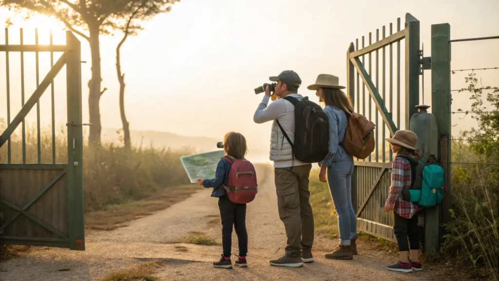 Family reviewing a map near the entrance of Bay Beach Wildlife Sanctuary, prepared with binoculars and backpacks.
