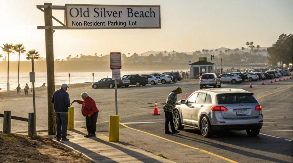  Old Silver Beach Cape Cod parking lot in the morning with signage showing parking rates