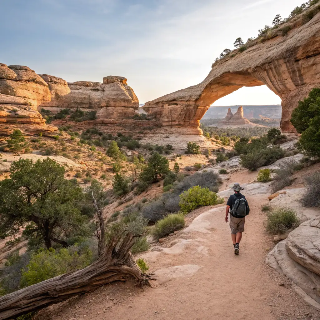 A hiker on a scenic trail at Natural Bridges National Monument, surrounded by beautiful rock formations and desert plants.