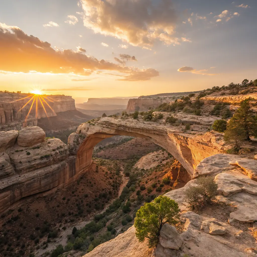 A stunning sunrise view of Natural Bridges National Monument, with the natural bridges illuminated by golden light.