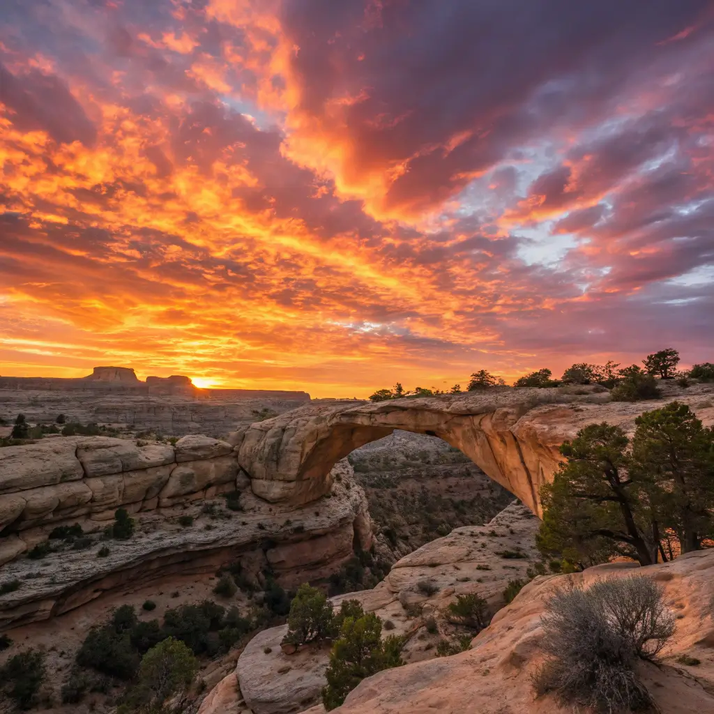 A stunning sunset view of Natural Bridges National Monument, with the natural bridges glowing in the evening light.