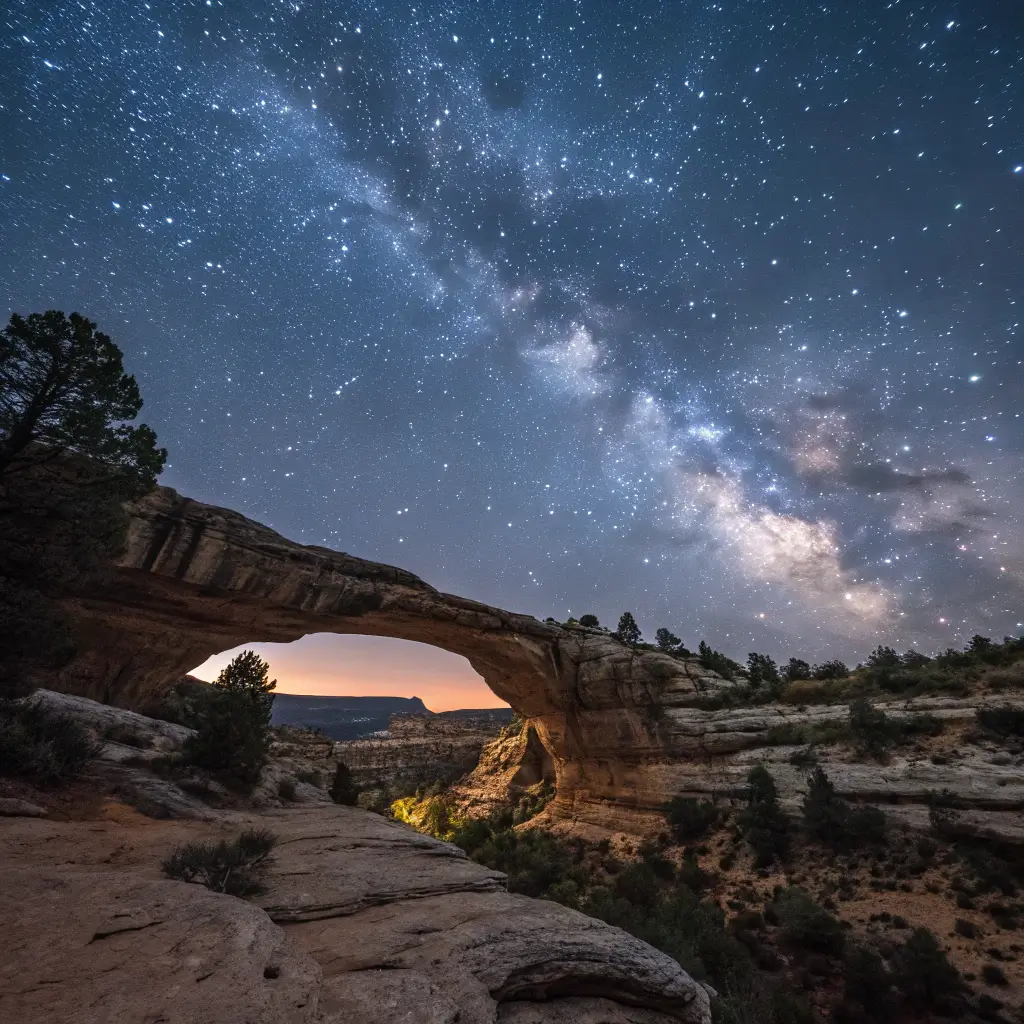 A starry night sky over Natural Bridges National Monument, with the natural bridges silhouetted against the stars.