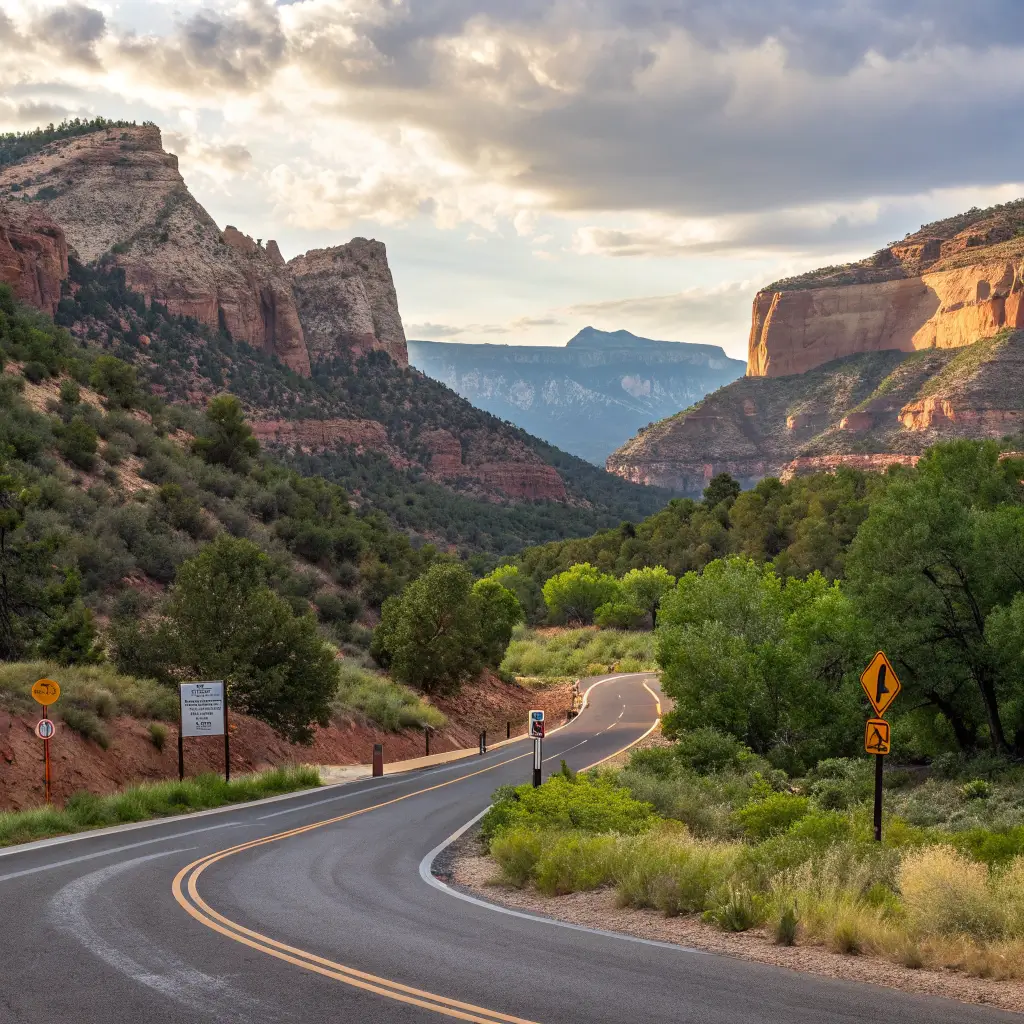 A scenic road leading to Natural Bridges National Monument, surrounded by beautiful landscapes and directional signs.