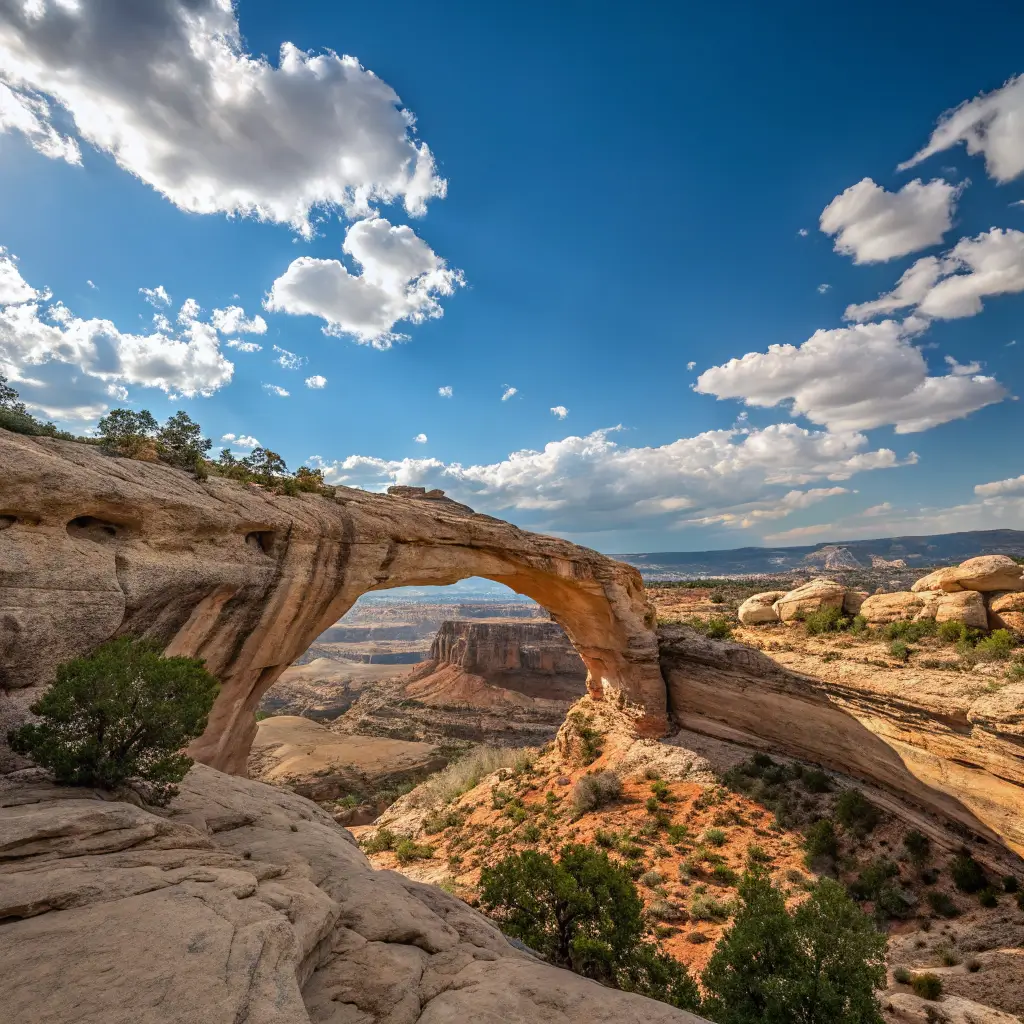 A panoramic view of the natural bridges at Natural Bridges National Monument, highlighting the unique rock formations and the surrounding desert landscape.